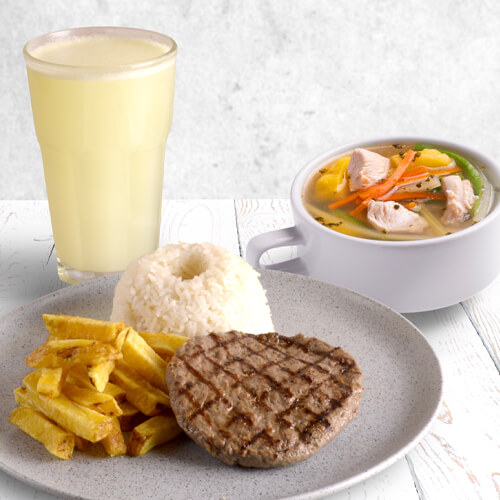 HAMBURGUESA AL PLATO + VASO DE LIMONADA 8oz O VASO DE CHICHA 8oz + ENTRADA
