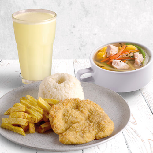 MILANESA DE POLLO + VASO DE LIMONADA 8oz O VASO DE CHICHA 8oz + ENTRADA